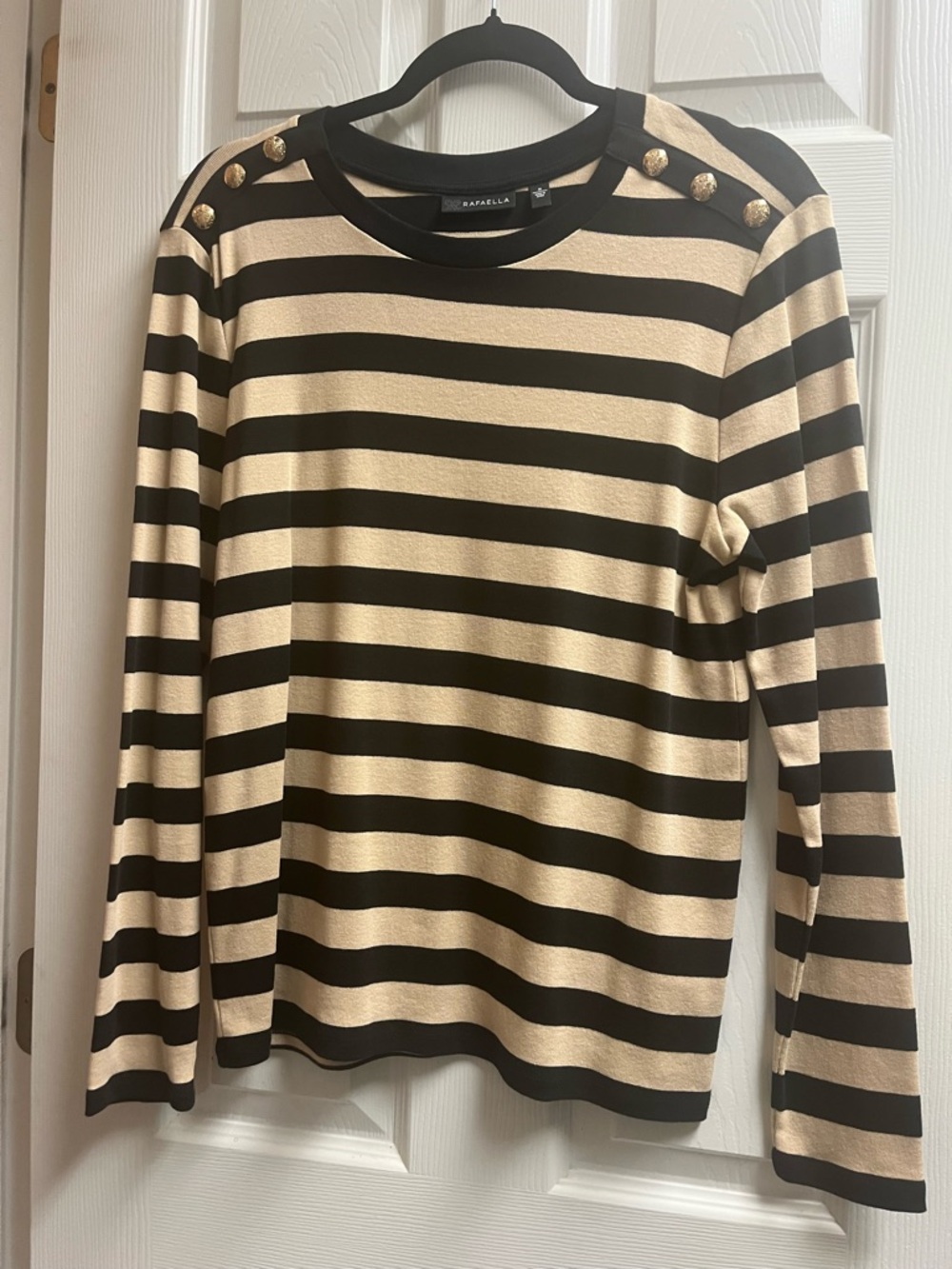 Rafaella Black & Cream Striped Shoulder-Button Knit Top